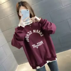 2019新網紅假兩件衛(wèi)衣女秋款大碼女裝秋裝寬松外套ins潮