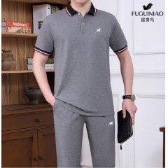 純棉【富貴鳥(niǎo)】夏季男士運(yùn)動(dòng)休閑套裝爸爸裝中老年父親短袖二件套